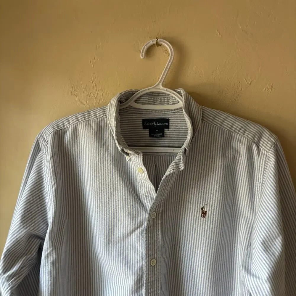Ralph Lauren Boys Shirt Size 18 XL Blue White Striped Button Down Cotton Pony